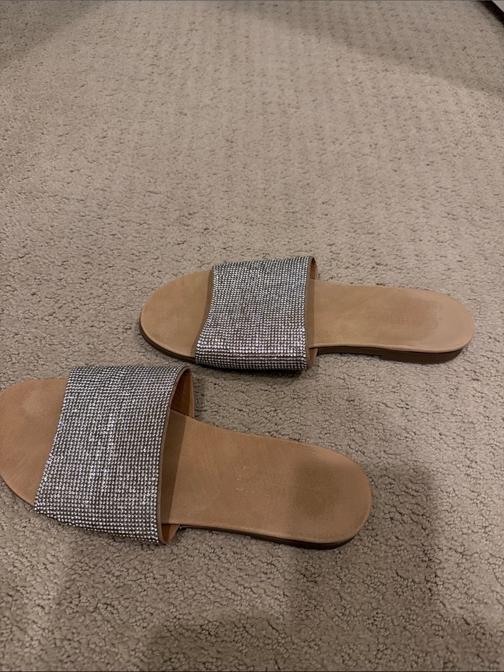 Catherines Tan Slide Sandals with Silver Rhinestone Strap